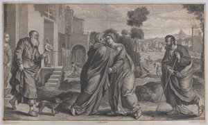 Bezoek, Sint-Elizabeth omhelst de Maagd in het midden terwijl Sint-Jozef naar... loopt, ca. 1656-60
