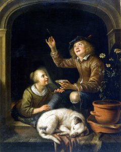 De zeepbel. Schilderij door Pieter Corneliszoon van Slingelandt (1625 - 1691). Milaan Museo del Castello.