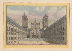 Gezicht op de binnenplaats en de toegang tot de kerk van San Lorenzo in het Escorial door Pieter van den Berge