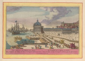 Gezicht op het Koninklijk Paleis te Lissabon en het voorplein met mensen door Pieter van den Berge