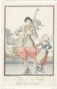 Schaatsende man met drie eenden aan een stok door Pieter van den Berge