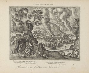 Vernietiging van Sodom en Gomorra / Lot en zijn dochters door Pieter van der Borcht (I)