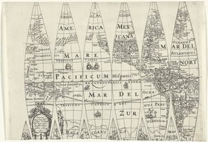 Globesegmenten van een stuk van het noordelijk halfrond door Pieter van der Keere