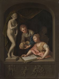 Een Meisje Tekent en een Jongen bij een Standbeeld van Venus