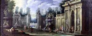 Architectonische capriccio met figuren
