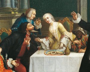 Het tussendoortje met de maskers (detail) door Pietro (school of) Longhi