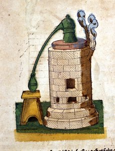 Alchemie: Apparatuur voor distillatie. Gravure uit een boek van Pietro Andrea Mattioli (Matthiole) (1500-1577). Frankfurt