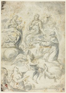Sint Nicolaas van Tolentino doet voorbede bij Christus en Madonna voor zielen in het voorgeborchte