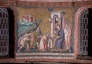 Aanbidding van de Mozaïek Wijzen van de apsis van Pietro Cavallini (actief rond 1273-1330) eind 13e eeuw (Aanbidding van de wijzen, mozaïek van de apsis door Pietro Cavallini, eind 13e eeuw) Rome, Kerk Santa Maria in Trastevere Italië door Pietro Cavallini