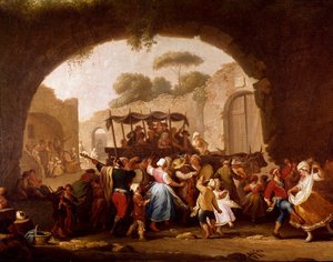 Dansscène en volksfeest in Napels (detail). Tarantella dansers. Schilderij door Pietro Fabris (actief tussen 1763 en 1776) 18e eeuw Napels, Museo Nazionale di San Martino