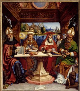 De vier kerkvaders met de symbolen van de vier evangelisten (Sint-Augustinus met een adelaar, Sint-Gregorius de Grote met een os, Sint-Hieronymus met een engel en Sint-Ambrosius met een gevleugelde leeuw).