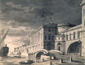 Uitzicht op de Neva Kade met het Hermitage Theater in het midden, na 1802
