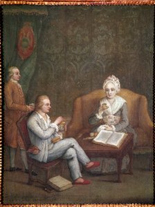 Portret van Adriana Giustinian met haar zoon Gerolamo Ascanio die warme chocolade drinkt door Pietro Longhi