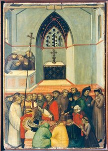 Het opgegraven lichaam van de gezegende wordt intact en vers gevonden, tegel op altaarstuk van de Gezegende Nederigheid door Pietro Lorenzetti