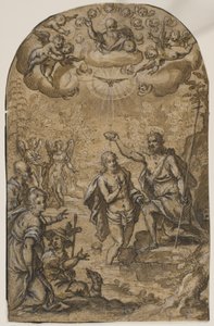 De doop van Christus met God de Vader en engelen tussen de wolken