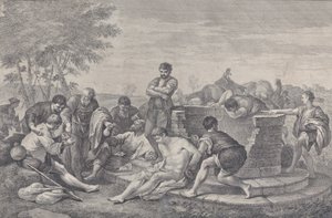 Jozef wordt door zijn broers in slavernij verkocht, die rond een put zitten en de buit verdelen