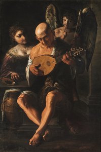 Een oudere man die gitaar speelt met een vrouw en een putto aanwezig door Pietro Paolini