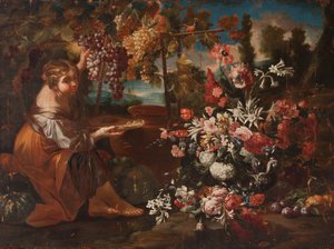 Een meisje tussen bloemen en fruit door Pietro Paolo Bonzi