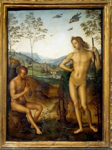 Apollo en Marsyas - Marsyas speelt fluit voor Apollo, koning van de lier, als uitdaging