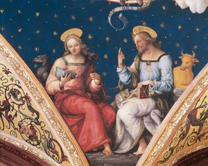 Sint Lucas en Sint Johannes, detail van De Eeuwige Vader, met heiligen en evangelisten door Pietro Perugino