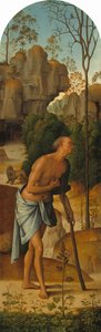 De Kruisiging met de Maagd, Sint Jan, Sint Hiëronymus en Sint Maria Magdalena [linker paneel] door Pietro Perugino