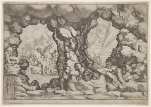 Een reus die een rotsblok heft in het midden, andere reuzen links en rechts worstelen en rec..., ca. 1680 door Pietro Santi Bartoli