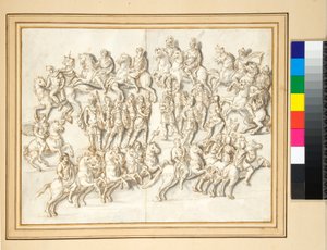 Basis van de zuil van Antoninus Pius, oostzijde (pen en grijze wassing) door Pietro Santi Bartoli