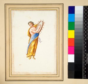 Geklede figuur die een trommel slaat door Pietro Santi Bartoli