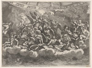 Verzameling van verschillende Olympische goden en mythologische figuren tussen wolken, Apollo in het midden... door Pietro Santi Bartoli