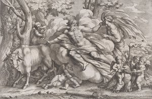 Io links als koe, Jupiter op een wolk in het midden en Juno rechts door Pietro Santi Bartoli