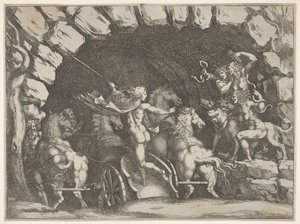 Pluto, van achteren gezien, betreedt de Onderwereld op zijn wagen, Cerberus en drie Fur... door Pietro Santi Bartoli