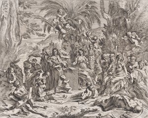 Een allegorie van schilderkunst, een kind in het midden links tekent op een tablet, omringd, 1637-38 door Pietro Testa