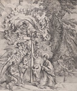 De droom van St. Joseph, die rechts slaapt, de Maagd en het Kind bij een kruis