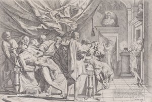 De zelfmoord van de filosoof Cato, die op zijn bed ligt en zijn ingewanden eruit trekt door Pietro Testa