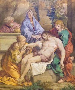 Pieta met de Madonna, St Johannes de Doper, St Maria Magdalena en Nicodemus (fresco)