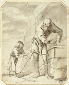 Sint Jozef met het kind Jezus in zijn timmerwerkplaats door Pietro della Vecchia