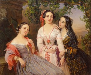 Portret van de zusters gravin Elizaveta Salias De Tournemire, Sophia Sukhovo-Kobylina en Eudokia Petrovo-Solovovo door Pimen Nikitich Orlov