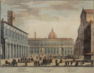 Italië, Bologna, Piazza Maggiore of Piazza Grande, door Pio Panfili, gravure door Pio Panfili