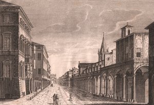 Uitzicht op de Strada Maggiore in Bologna, Emilia-Romagna, Italië, kopergravure door C Lambertini naar tekening van Pio Panfili, circa 13.5x19 cm