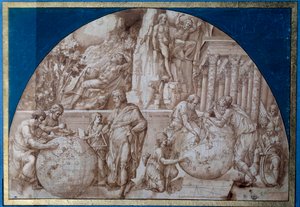 Allegorie van de astronomie. Wetenschappers nemen metingen op aardgloben. Tekening met bruine inkt door Pirro Ligorio (circa 1500-1583) 16e eeuw door Pirro Ligorio