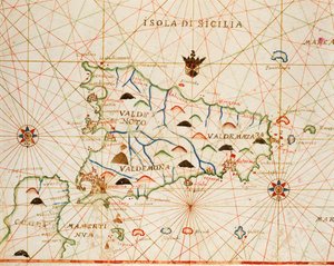 Sicilië uit portolaanatlas bestaande uit zes kaarten, door Placido Caloiro en Francesco Oliva, perkament. 1646. door Placido Caloiro e Oliva