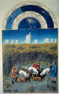 December: jachtscène. Op de achtergrond uitzicht op Vincennes door Pol de Limbourg