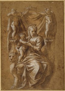 De Madonna en Kind op een troon door Polidoro da (follower of) Caravaggio