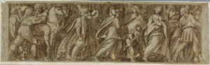 Sabijnen steken de rivier de Tiber over om de Romeinse spelen bij te wonen door Polidoro da Caravaggio