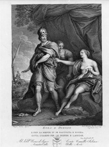 Eneide van Virgil, Boek IV, de Trojaanse held Enee verlaat Didon die wanhopig zelfmoord pleegt. Gravure naar een schilderij van Pompeo Batoni