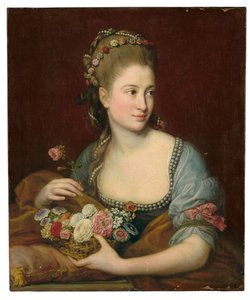 Portret van een dame als Flora, halflang, met een mandje bloemen door Pompeo Girolamo Batoni