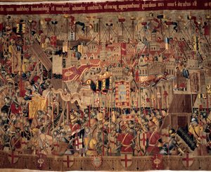 Verovering van Afrika: De verovering van Asilah (Arzila) in Marokko in 1471 door de Portugese vloot (fragment van een tapijt van de 16e eeuwse Portugese school) door Portuguese School
