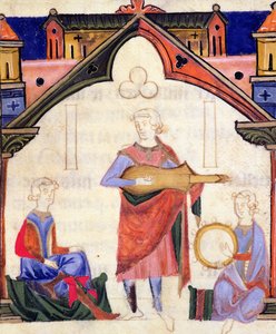 Fol.12v Muzikanten die gitaar en tamboerijn spelen, uit de Chansonnier des Nobles