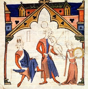 Fol.6r Muzikanten die een altviool en een tamboerijn bespelen, uit de Chansonnier des Nobles door Portuguese School