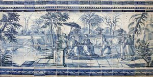 Fruittesten bij een meer in Azië - Azulejos, geschilderd faience door Portuguese School